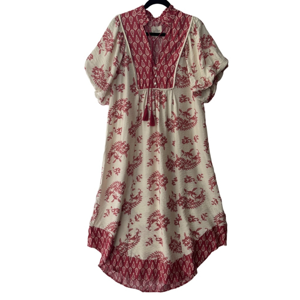 Umgee Cream Mixed Print Paisley High Low Puffed Sleeves Dress Size L